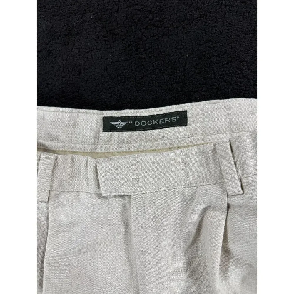 Dockers Pants Mens 36x32 Cream Linen Blend Cotton Pleated Casual Beach Cuffed